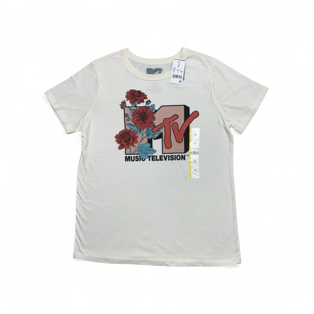MTV Y2K Retro Graphic Tee Womens S Cream Retro Music Television Short Sleeve NWT